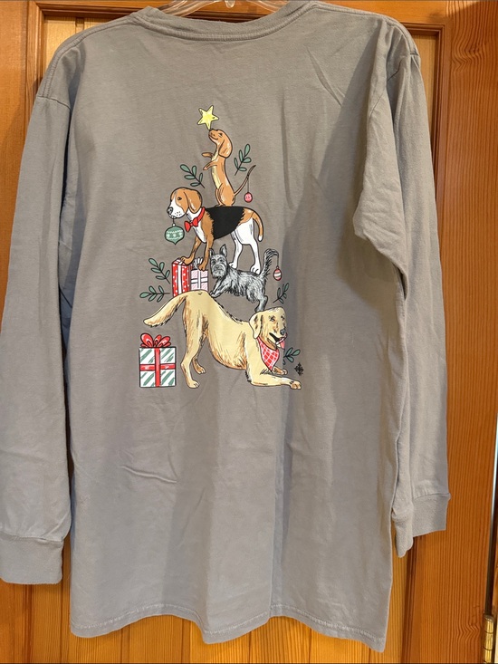 Jane Marie Tops - Jane Marie Taupe Long Sleeve Tee with Festive Dog Stack Graphic Size L